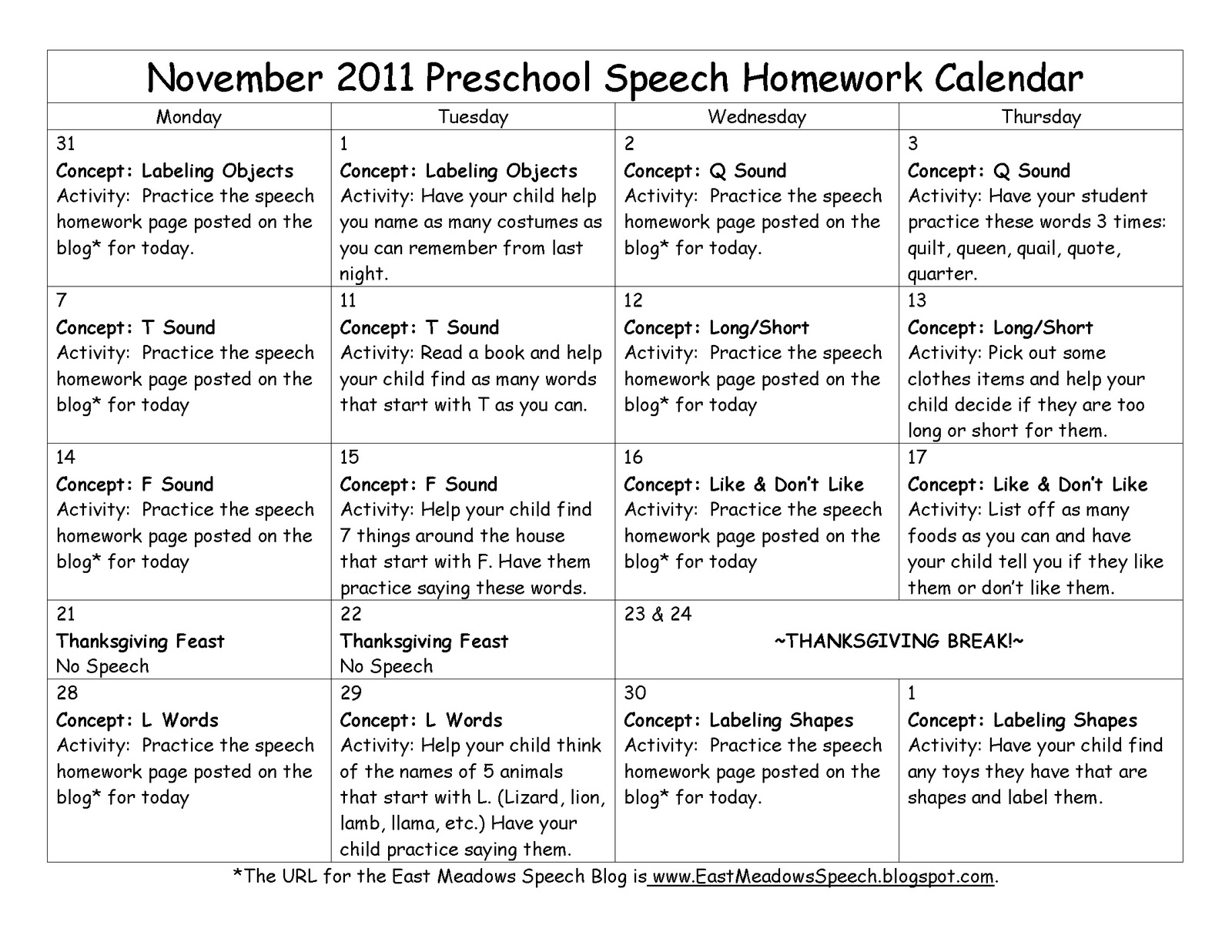 Preschool homework calendar